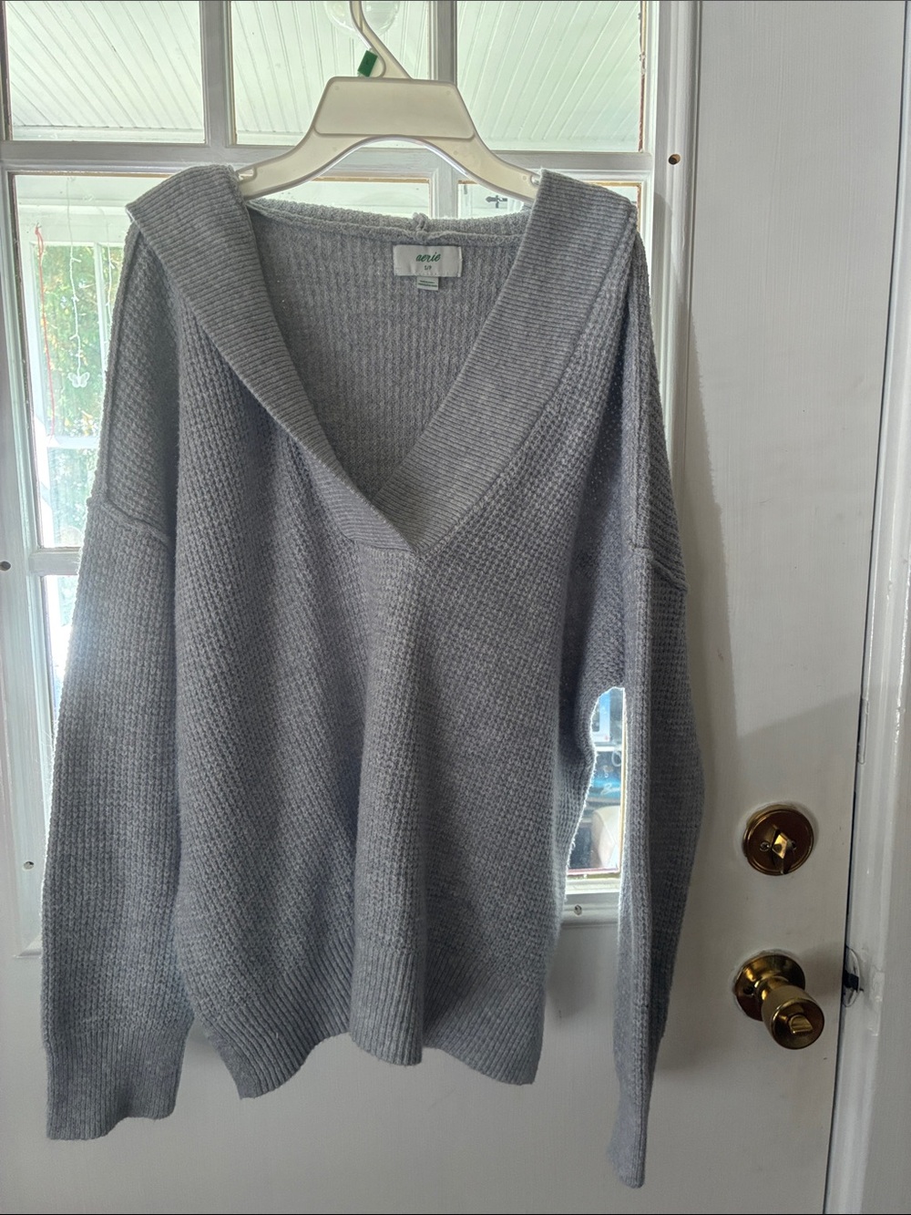 aerie Light Grey V-Neck Ribbed Pullover Sweater